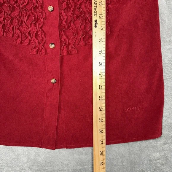 Orvis Tuxedo‎ Ruffle Blouse Sz 6 Sueded Polyester Button Up Rodeo Red - Picture 7 of 10